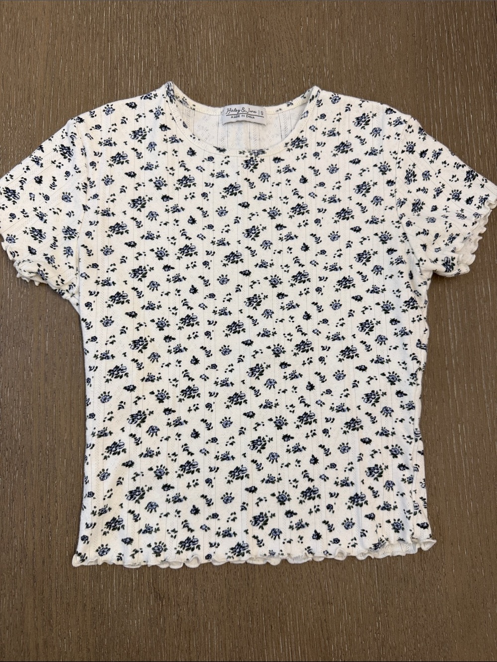 Haley & June White Ribbed Tee with Navy Floral Print